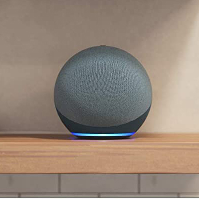 ECHODOT<sup>&reg;</sup> 4th Gen - Smart Speaker with Alexa- The sleek, compact design delivers crisp vocals and balanced bass for full sound. Voice control your entertainment and stream songs, play music, audiobooks, and podcasts throughout your home. Ask Alexa to tell a joke, play music, answer questions, play the news, check the weather or set alarms. Use your voice to turn on lights, adjust thermostats, and lock doors with compatible devices.